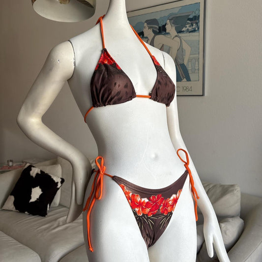 Vintage cheetah hibiscus string bikini set