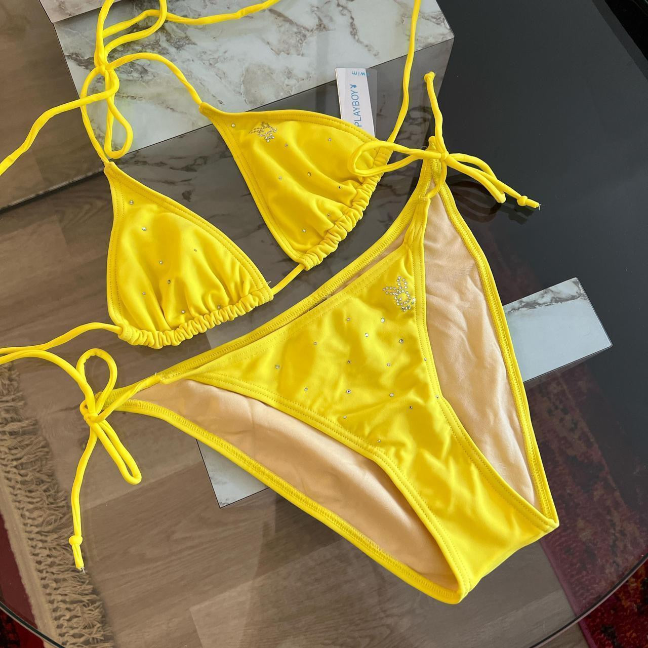 Vintage yellow Playboy rhinestone string bikini set